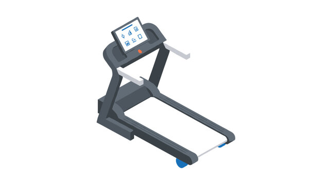 Isometric view of a modern treadmill exercise machine with a digital display screen, isolated on a white background.