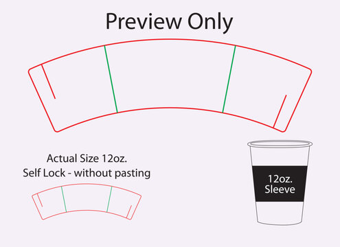 12oz Coffee Cup Sleeve Dieline Template with Self Locking System - with Interlocking Slits