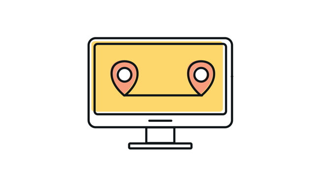 Desktop computer route tracking icon: PC workstation displaying two location pins with distance route line on screen, modern offset color line art vector.