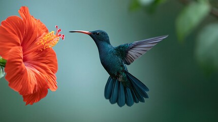 Fototapeta premium Vibrant Blue Hummingbird Sipping Nectar from a Bright Orange Hibiscus Flower in Flight