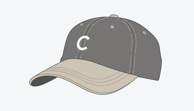 Stylish grey baseball cap with a white letter c monogram and a contrast beige visor on a light gray background.