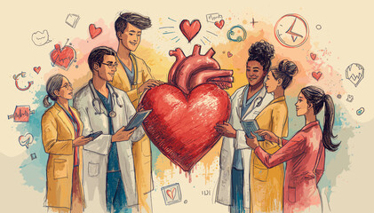 A diverse group of healthcare professionals surrounds a large, vibrant red heart, symbolizing care and well-being, with medical icons in the background.