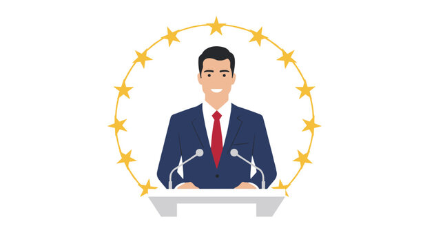 Professional speaker in a blue suit stands at a podium surrounded by gold stars representing international politics and diplomacy.