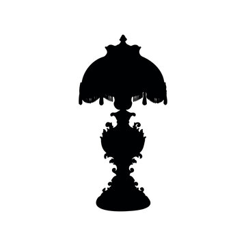 Vintage table lamp ornate base silhouette vector flat design on white background.
