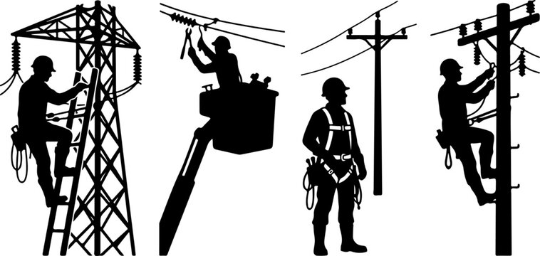 Silhouettes of electrical linemen working on power lines and utility poles vector illustration