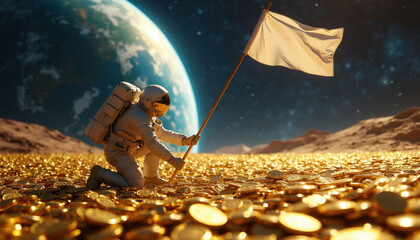 Naklejka premium Astronaut kneels on surface covered with gold coins planting white flag. Distant planet and stars in background. Cosmic exploration and financial success theme.
