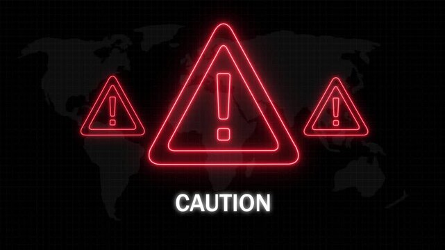 Animated global caution alert sign with glowing red neon warning triangles and exclamation marks over a dark digital map background, for cybersecurity, risk, management, and emergency notification