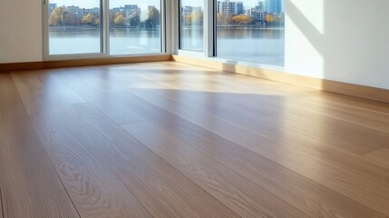 Fototapeta premium Clean wooden floor reflecting sunlight with a water view