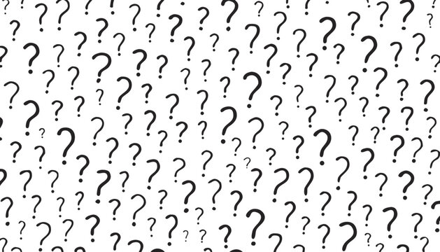 Dense pattern of black question marks on a white background for business uncertainty and FAQ concepts