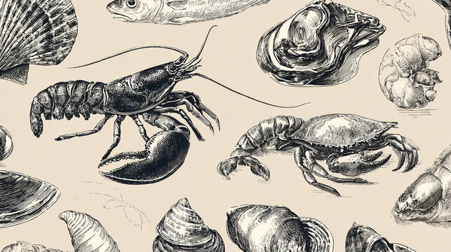 Vintage sketch pattern of marine animals and shellfish with crustacean.
