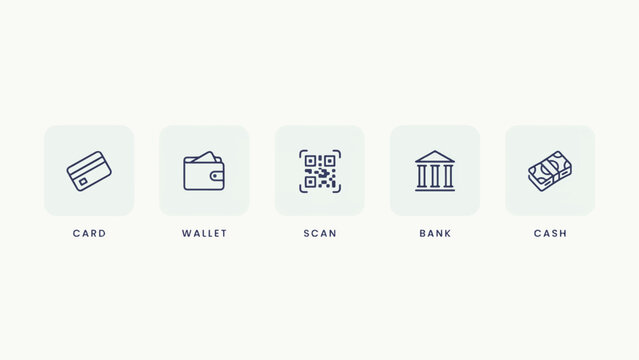 Set of five different types of payment methods icons with shopping, ecommerce