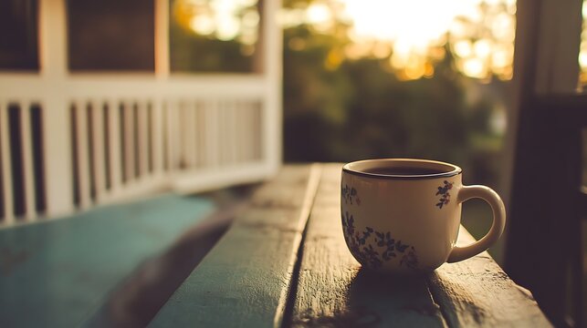 Close up of a coffee cup sitting on the porch
