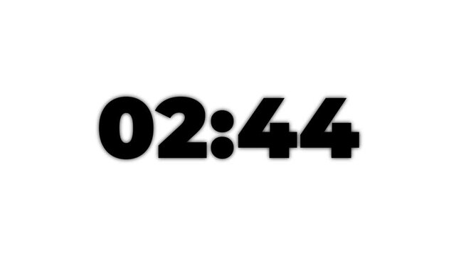 3 minutes Digital countdown 60 seconds with text glowing and alpha channel. Three minute countdown timer animation on transparent background. Element for overlay countdown concept.