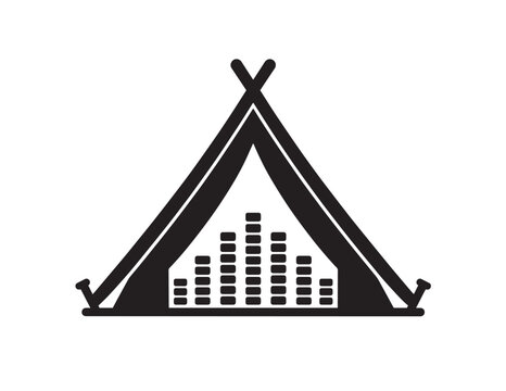 Minimalist black teepee tent icon, modern outdoor camping symbol, abstract music equalizer graphic, versatile vector illustration for festival branding and audio design.