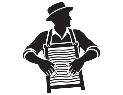 Vintage washboard player silhouette, retro folk music illustration, traditional American blues and country musician, classic musical instrument vector art for entertainment and cultural projects.