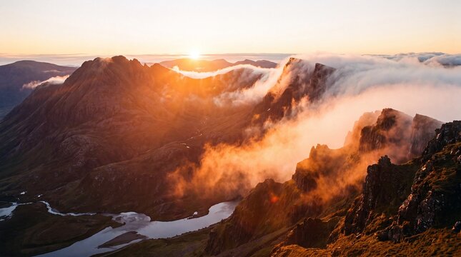 Majestic mountain sunrise with golden light, dramatic clouds rolling over rocky peaks, cinematic alpine landscape at dawn