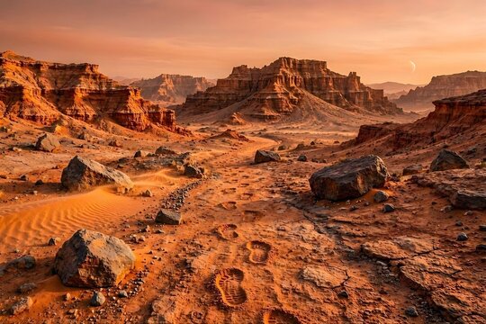 Mars planet landscape, 3d render of imaginary mars planet terrain, orange eroded desert mountains, realistic science fiction illustration. Astronaut footprints on the ground