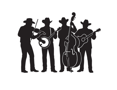 Country music band silhouette, four musicians playing traditional instruments, bluegrass folk ensemble vector illustration, Western cowboy culture graphic resource