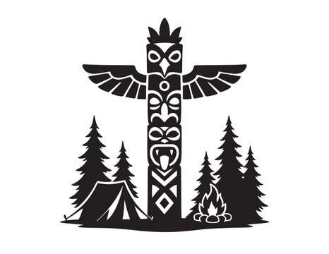 Stylized black and white totem pole vector illustration, featuring a traditional Native American tribal symbol, surrounded by pine trees, a camping tent, and a campfire