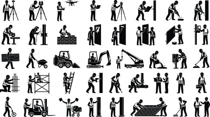 Obraz premium Comprehensive construction worker silhouette icon set featuring heavy machinery and manual labor for commercial projec