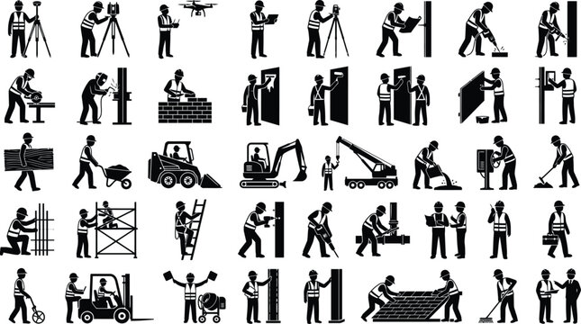 Comprehensive construction worker silhouette icon set featuring heavy machinery and manual labor for commercial projec