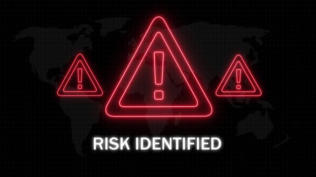 Risk identified digital warning sign with glowing red neon exclamation mark triangles and global map background, for cybersecurity, data, breach alert, network, security, and corporate threat