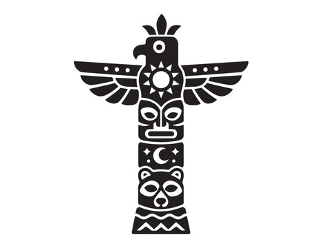 Stylized black totem pole vector illustration, traditional tribal art, ancient cultural symbol, indigenous spiritual icon, historical monument design element