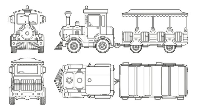 Tourist train passenger transport vehicle technical drawing blueprint with front side back and top views CAD line art vector illustration
