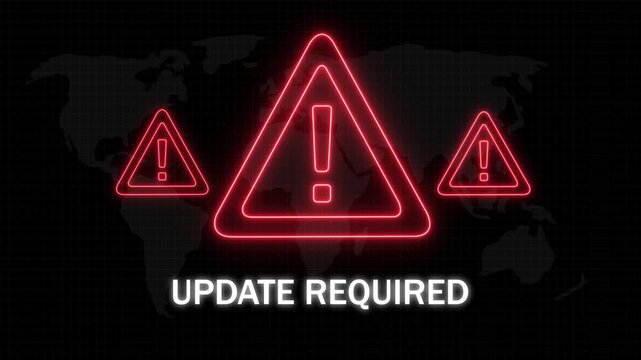 Dynamic digital alert system featuring glowing red warning triangles and flashing update required text overlay on a dark global map background, for cybersecurity, software, maintenance, and it system