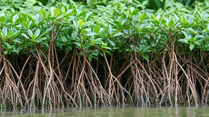 Fototapeta premium Dense Mangrove Forest with Intricate Prop Roots Growing from Water, Coastal Ecosystem