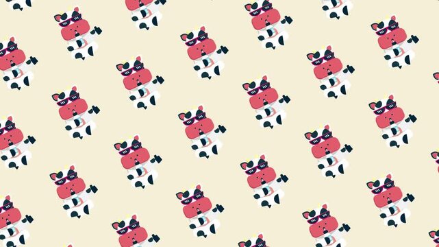 Cute cow drinking a bottle of milk seamless pattern looping animation