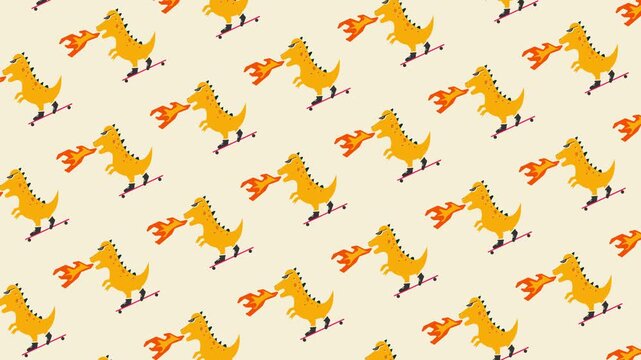 Cute dinosaur riding a skateboard seamless pattern looping animation