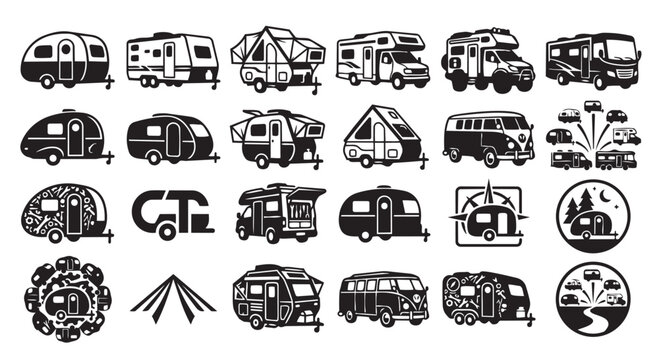Set of various recreational vehicle and camper trailer icons in black silhouette with motorhome, adventure