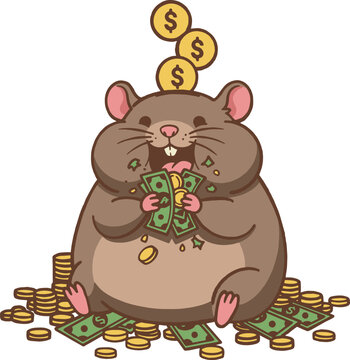 Greedy Rat Character Eating Cash and Sitting on Coins Vector Concept