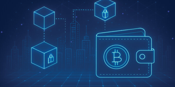 Blockchain concept with digital bitcoin wallet and glowing cubes representing distributed ledger technology in city.