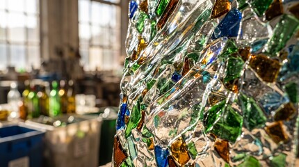 Obraz premium Colorful Recycled Stained Glass Pillar and Workshop Interior Background