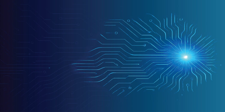 Artificial intelligence neural network illustration with glowing central brain node and digital circuit path connections.