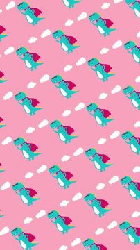 Vertical Cute dinosaur wear superhero costume seamless pattern looping animation