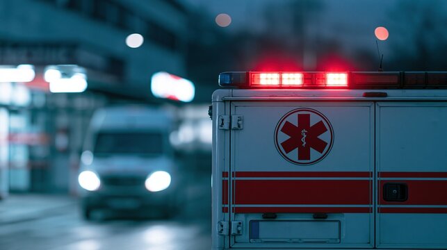 Emergency medical services ambulance with flashing lights responding to urgent call at night