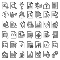 Fototapeta premium Document and artificial intelligence workflow line icon set with document