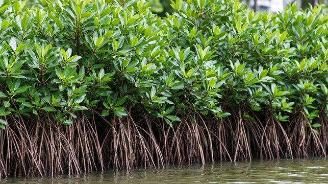 Lush Green Mangrove Forest Ecosystem with Exposed Aerial Roots in Water