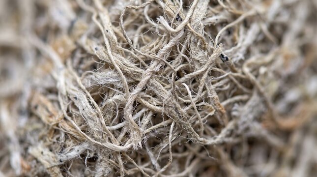 Macro close-up of natural organic beige plant fibers and tangled dry stems texture background