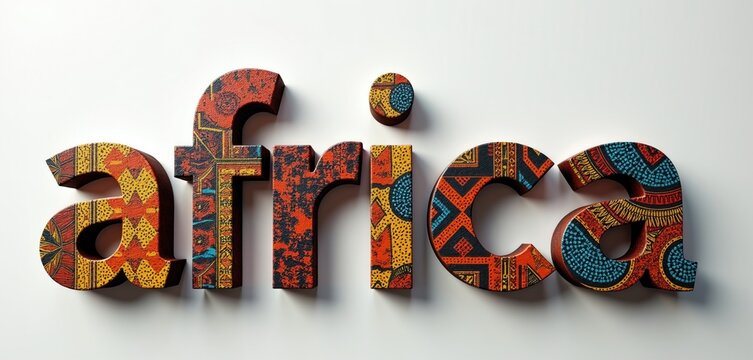 Decorative word Africa written in three dimensional letters with colorful ethnic patterns. Bold typographic design features traditional tribal motifs, vibrant textile textures on white background.