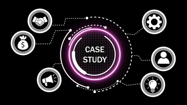 Dynamic case study infographic animation featuring glowing neon interface business strategy corporate success metrics, marketing analysis, and digital data visualization