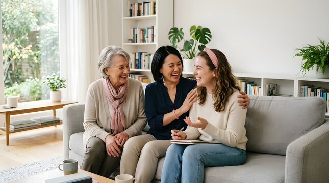 Generations of Joy: Three women from different generations share a heartwarming moment on a comfortable couch in a well-lit living room, symbolizing family connection and shared happiness.