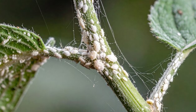 Numerous mealybugs infest a plant stem covered in waxy filaments, showcasing a widespread agricultural pest.