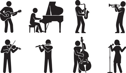 Musical performance silhouettes featuring people playing guitar, piano, saxophone, trumpet, violin, flute, double bass and singing on white © SH STORE