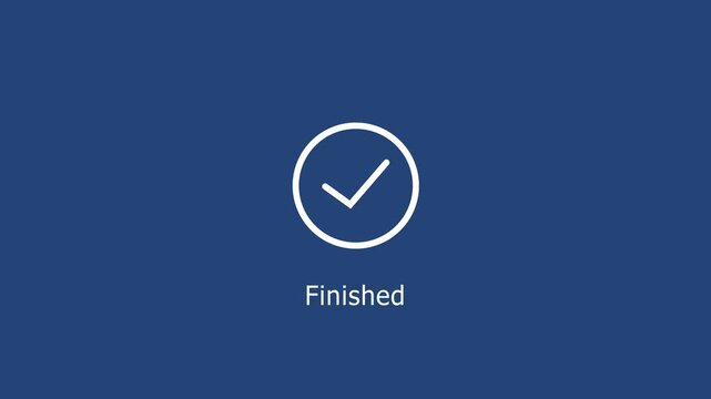 Minimalist animated checkmark with finished text label on a solid navy blue background, user interface task completion notifications, and digital workflow systems