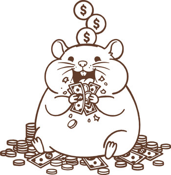 Cute Greedy Rat Eating Money Outline Vector Coloring Page for Kids