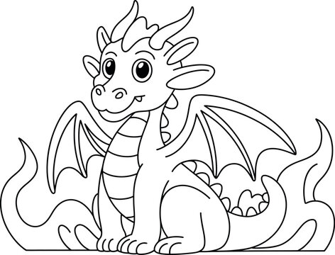 Cheerful baby dragon flying among clouds and stars coloring book page